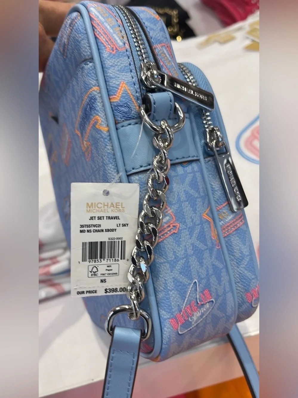 Michael Kors Light Blue Logo Print Messenger Crossbody with Chain Strap